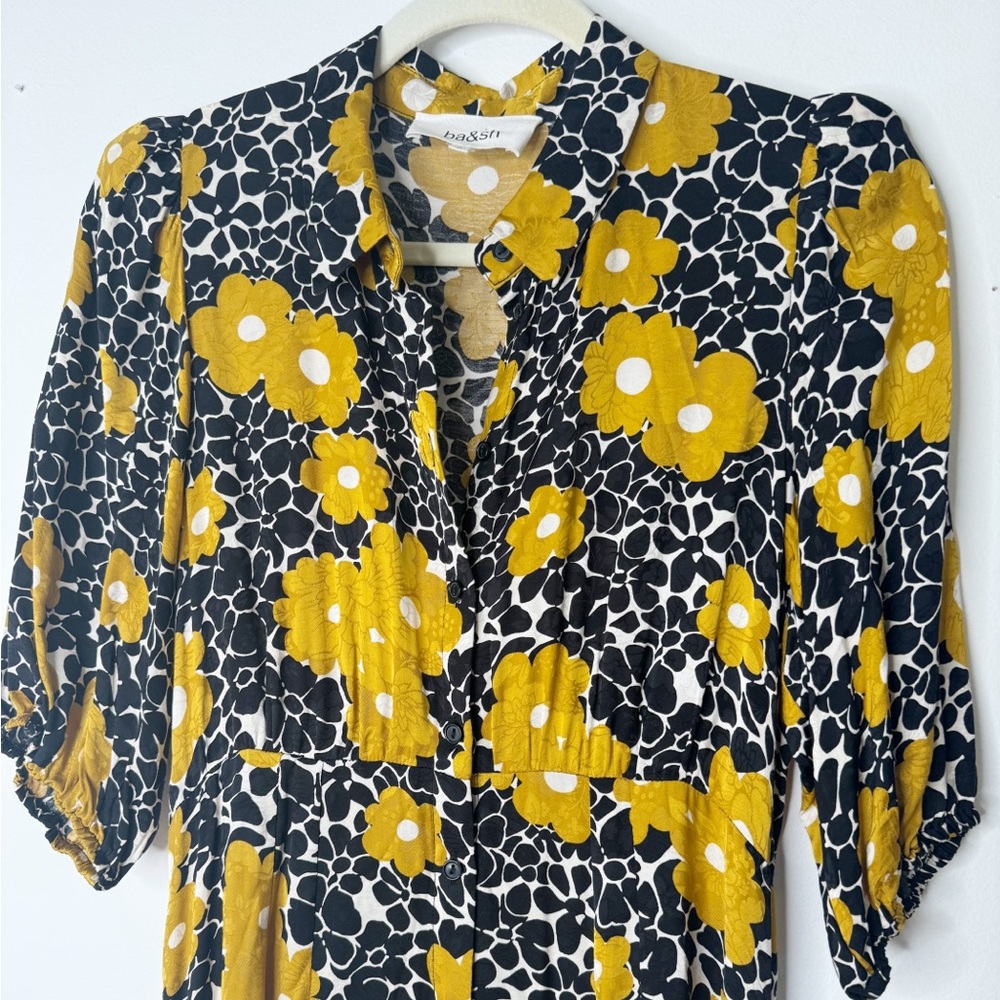 BA&SH Babeth Floral Print Shirt Midi Dress in Curry Size 0 - Picture 3 of 5